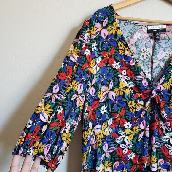 Eloquii Knot Front V-Neck Floral Flounce Dress Island Garland Sz Women's 20 Plus - Picture 5 of 10
